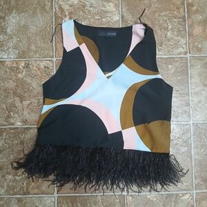 GUC Feather Trim Color Block V-neck Tank Top Pink Gray Blue Brown Black Size Sm